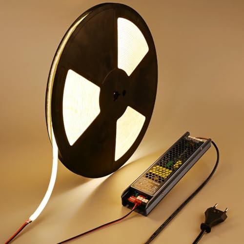 BENLUN 48V COB Ledstrip Buiten Waterdicht 20m Kit, 3000K Warm Wit Waterdichte LED Strip Snijdbaar 8W/M CRI 92 met Voeding voor Slaapkamer Plafond Woonkamer Huis Akoestische Panelen