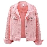 Chaqueta vaquera con adornos de perlas para mujer, abrigo vaquero corto con diamantes de imitación, ropa abrigo moderna brillo, color rosa, talla pequeña