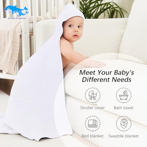 Image of SWEET DOLPHIN Muslin Hooded Baby Bath Towels - 2 Pack 100% Cotton Towel for Babies, Infants, Toddlers - 32x32Inch - Highly Absorbent and Newborn Essential, White