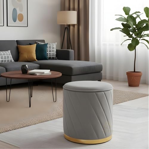 Image of Luxury Round Velvet Ottoman Stool with Gold Base - Modern Upholstered Footrest Pouffe, Tufted Vanity Seat, Living Room Bedroom Dressing Stool (Grey)