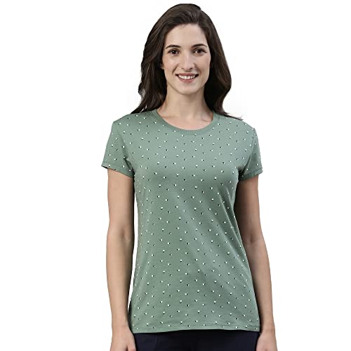 Image of Enamor Essentials Women's Slim Fit Regular Length Short Sleeve Crew Neck Comfortable and Stylish Breathable Stretch Cotton Tee - E247(E247-Fern Green Triangle Aop-L)