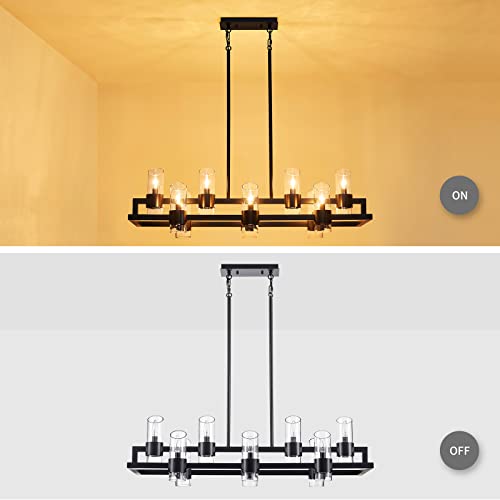 Image of WUZUPS Island Rectangle Chandelier 10-Light with Clear Glass Industrial Modern Farmhouse Linear Light Fixture for Dining Room Kithen Island, Width 42.5 inch Height 10.4 inch, Black
