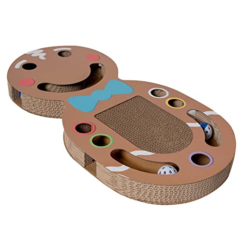 Image of Furhaven Pet Toy for Cats and Kittens - Giant Gingerbread Man Holiday Cat Scratcher Interactive Busy Box Toy with Catnip, Gingerbread Man Print, One Size