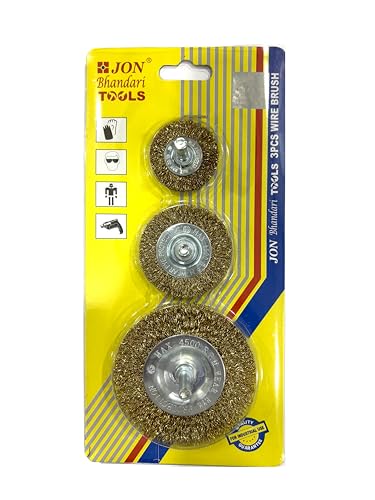 Image of Jon Bhandari Tools 3pc Steel Wire Brush Set with Brass Coating & Spindle - Drill Attachment Wire Wheels for Rust, Paint & Corrosion Removal - Heavy Duty Rotary Brush Kit for Metal Cleaning