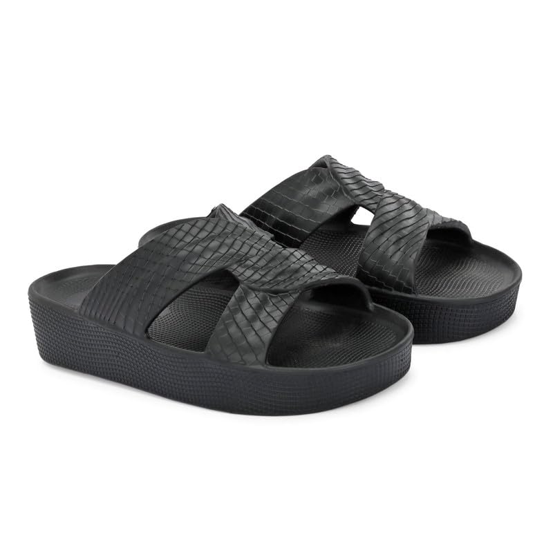 Women's Platform Slide Sandals with Textured Crisscross Straps – Comfortable Slip-On Wedge Sandals for Casual Wear