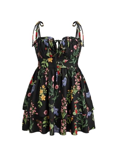 Image of CIDER Summer Plus Size Floral Mini Dress Square Neck Ruffle Hem Knotted Dresses Curve Black