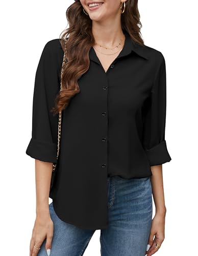 Stamain Womens Black Shirts Long Sleeve Chiffon Wrinkle-Free Blouses Ladies Casual Wrinkle Free Button Down Tops for Business Work L