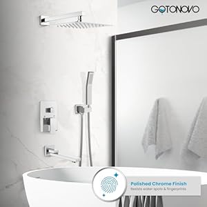 gotonovo Luxury 3 Function Showers for Bathroom Wall Mount Rainfall 10 inch Shower Head Shower System with Tub Spout Polished Chrome Rough in Valve Body and Trim Included High Pressure