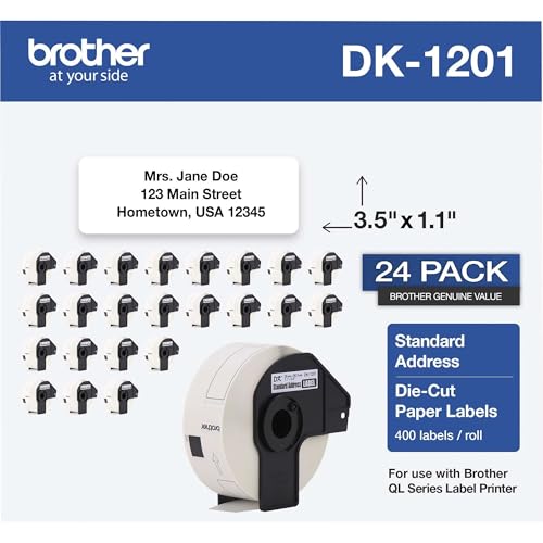 Image of Brother Genuine DK1201 Die-Cut Standard Rolled Address Labels for QL Printers, 3-Pack (DK12013PK),White, 24 Rolls (DK120124PK)