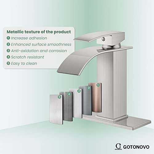 Gotonovo Brushed Nickel Sink Faucet Deck Mount Bathroom Stainless Steel 304 Bowl Basin One Hole One Handle Waterfall Spout Mixer Tap With Pop Up Drain Deck Plate thumb #4