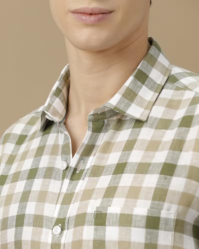 Image of Linen Club Men's Pure Linen Blue Checked Contemporary Fit Half Sleeve Casual Shirt