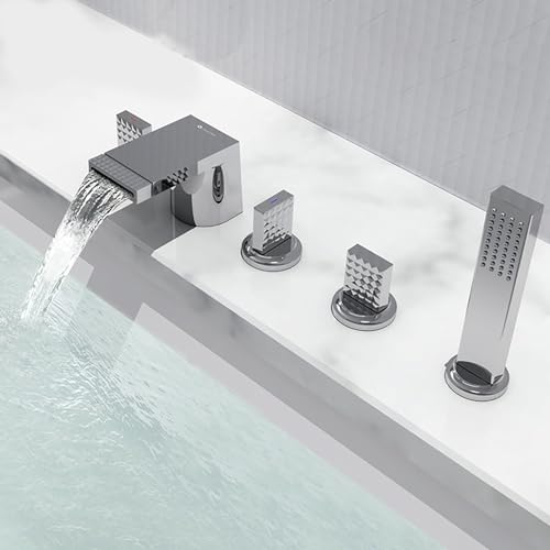 WOTZOV Grifo de bañera Romano de Gran extensión, Cascada, de latón, para baño, con Montaje en Cubierta, 3 manijas, 5 Orificios y Ducha de Mano.