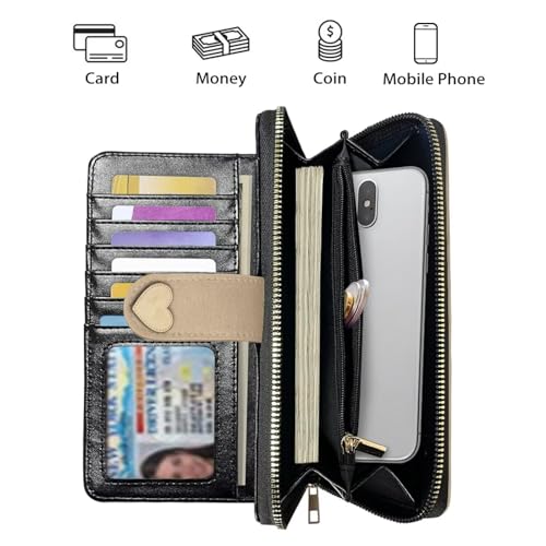 Image of COEQINE Ladies Wallets Pink Leopard Heart Black Printed Leather Phone Long Clutch Purses Check Coin Change Holder