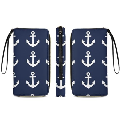 Long PU Zipper Wallet With Rope, Travel Purse Fashion Design, Huge Storage Capacity Wallet, Cute Decor Purse For Men And Women Nautical Anchor Navy3