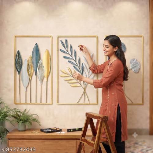 Image of SMILES GIFT Luxury Imported Wall Hanging Large 3D Gold & Floral Metal Wall Hanging Sophisticated Sculpture for Home Decor