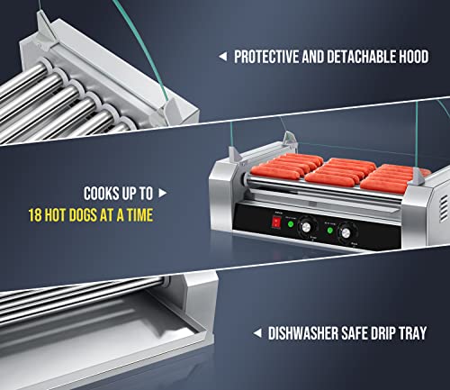 Image of SYBO Hot Dog Roller - 18 Capacity, Non-stick Stainless Steel Rollers, Detachable Glass Cover, 1000-Watts, ETL Certified