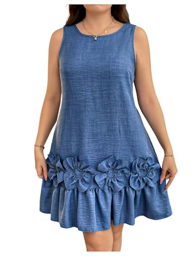 Image of Floerns Women's Plus Size 3D Floral Round Neck Short Dress Ruffle Hem Sleeveless Tank Short Dress