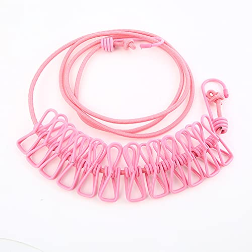 MLSTKWIG 1 PCS Portable Travel Clothesline Windproof Travel Clothesline Retractable Elastic Laundry Clothesline with 12 Clothespins Suitable for Indoor and Outdoor (Pink)