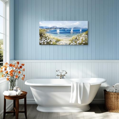 crmotu Coastal Wall Art, Sailboat Wall Art, Beach Art Wall Decor, Beachy Scenery Large Artwork, Tropical Ocean Canvas Pictures for Living Room Bedroom, Mediterranean Scenic Wall Prints 20x40inch
