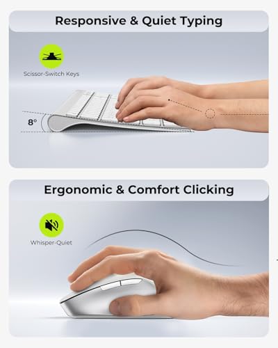 Image of seenda COE401 Bluetooth Keyboard Mouse Combo, Rechargeable, White Silver | Silent rechargeable keyboard and mouse with 3-device connection for Windows, Mac, iPad, and laptops.