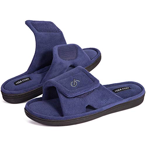 VeraCosy Chaussons confortables en velours corail avec bout ouvert et crochet réglable pour homme - Bleu - bleu marine, 47/48 EU Cover