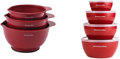 KitchenAid Juego de 3 cuencos clásicos para mezclar, color rojo imperio y tazones de preparación clásicos con tapas, juego de 4, color rojo imperio