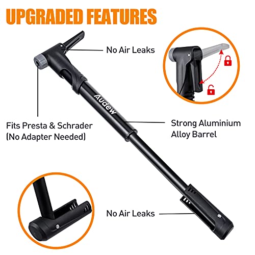 Audew Upgraded Mini Bike Pump, Presta & Schrader, Up to 120PSI, Frame-Mounted Bicycle Pump with Mounting Bracket and Puncture Repair Kit