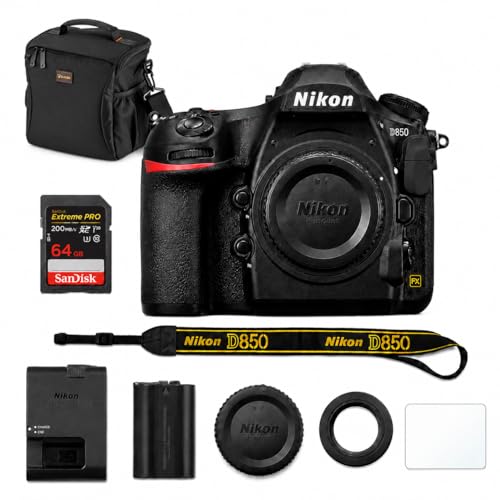 Nikon D850 DSLR Camera Body, 45.7MP FX-Format, 4K UHD Video, Bundle with 64GB Memory Card | Multi-Device Shoulder Bag | Screen Protector | Nikon 1-Year Warranty