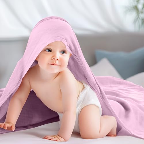 Image of Preboun 6 Pcs Muslin Hooded Baby Towels and Washcloths 32 inchx 32 inch Cotton Newborn Bath Towel Anti-Shrink Infant Baby Blankets with Hood 12 inchx 12 inch Washcloths for Girl Boy Toddler(Light Pink,Purple)