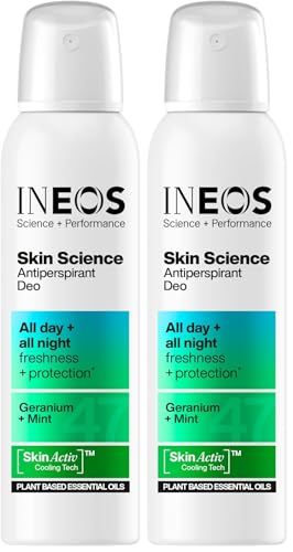 INEOS Skin Science - Unbeatable Protection Against Odour + Sweat. All Day + All Night. Aerosol Antiperspirant Deodorant Geranium + Mint - Plant Based Essential Oils 200ml (Pack of 2)