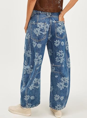 GGUHHU Distressed Barrel Jeans for Women Y2K Wide-Leg Baggy Denim Pants Boyfriend Floral Trousers (X-Large, Floral)3