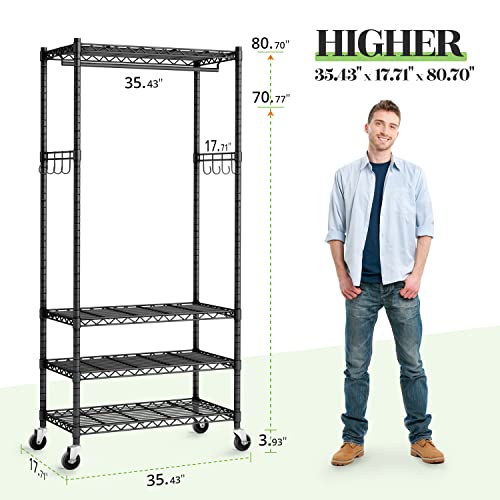 Hokeeper Heavy Duty Rolling Wire Garment Rack Clothes Rack With Wheels And Hooks, Adjustable Clothing Rack With 4 Tier Shelves, Portable Freestanding Closet Rack For Hanging Clothes, Max Load 725Lbs #TOP5