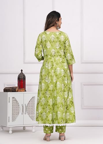Image of Rangnavi Women's Floral Print Cotton Anarkali Embroidered Kurta with Palazzo and Dupatta