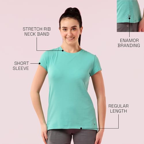 Image of Enamor Short Sleeve Crew Neck Regular Length Basic Crew T-Shirt for Women - Slim Fit, Soft and Breathable Stretch Cotton - E047