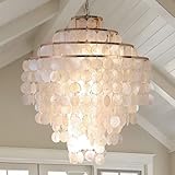 Coastal Capiz Shell Chandelier 24 inch Gold Natural Seashell Farmhouse Boho Chandelier 4-Light Pendant Light Fixture for Living Room Foyer Kitchen Island Entryway Dining Room Bedroom,LED Bulb Included