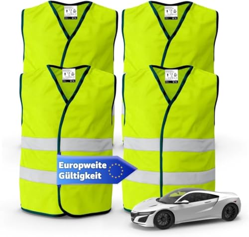 POWR CAR 4x Warnwesten Auto 2026: Sicherheitsweste ISO20471 gelb - PKW & LKW - Reflektierende Pannen- und Unfallwesten - Autozubehör