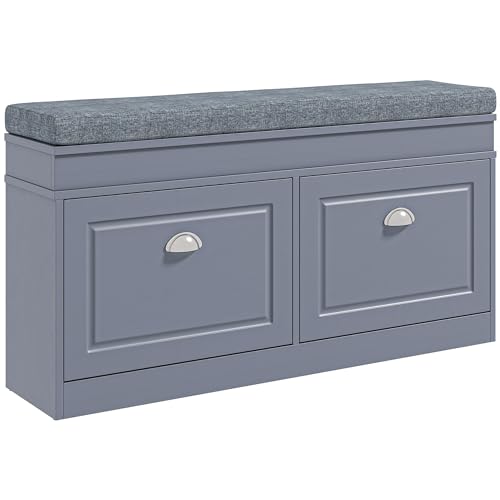 HOMCOM Modern Shoe Rack Bench for Entryway, Storage Organizer with Cushion, 2 Drawers, Adjustable Shelf, Holds 8 Pairs, Gray