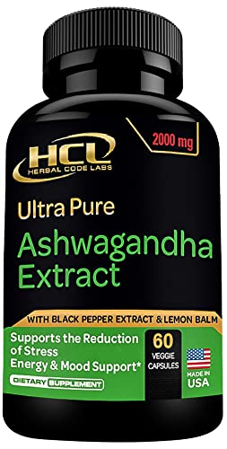 Organic Ashwagandha Capsules 2000 MG Root Powder Extract with Black Pepper & Lemon Balm 2 Month Supply - Natural Way to Relieve Stress