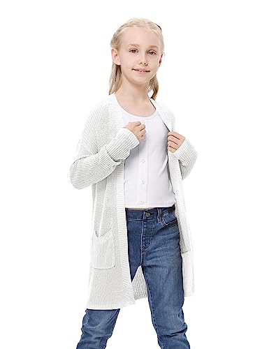 Amarmia Girl's Open Front Cardigan Long Sleeve Knit Sweaters Kids Lightweight Cute Casual Loose Outerwear Coats With Pockets White #TOP3