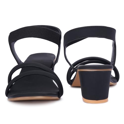 Image of SKOLL Women's Low Block Heel Strappy Sandals, Comfort Elastic Ankle Strap Open Toe Heeled Sandals, Casual Dressy Walking Sandals with Dual Front Straps