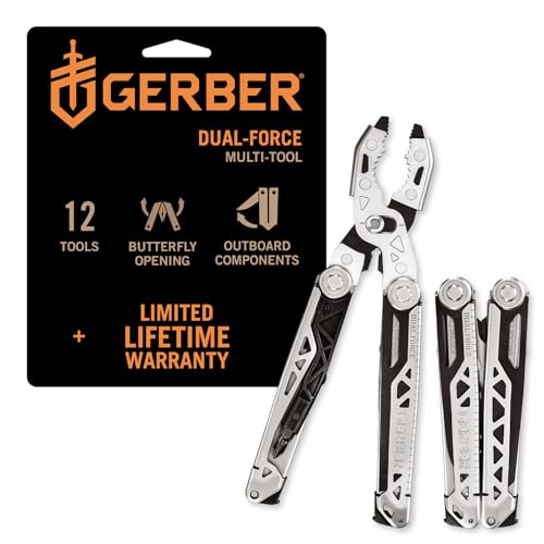 Gerber Gear Dual-Force Multitool - Heavy Duty Center Axis Driver Blunt Nose Pliers with Saw Wire Cutters Bit Storage and More - Multi