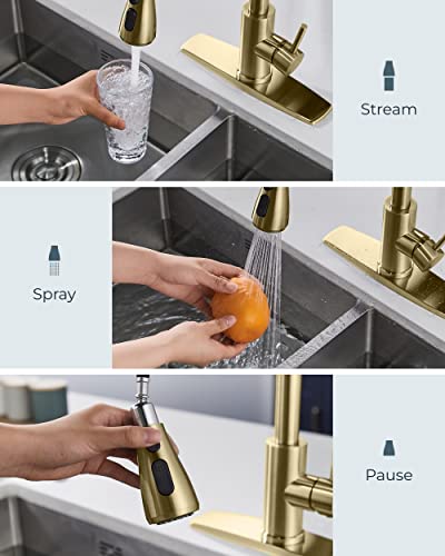 Forious Gold Kitchen Faucets With Pull Down Sprayer, Kitchen Sink Faucet With Pull Out Sprayer, Fingerprint Resistant, Single Hole Deck Mount, Single Handle Copper Kitchen Faucet, Champagne Gold #TOP2