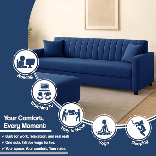 Image of 3+2 Fabric Sofa Set with Ottoman for Living Room | Modern 5-Seater Sofa Couch | with Soft Cushion, Premium Velvet Fabric-Blue