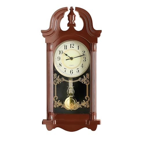 Coopers of Stortford - Grandfather Style Wall Pendulum Clock - Silent Battery Operated Vintage Mahogany Effect Clock with Moving Pendulum