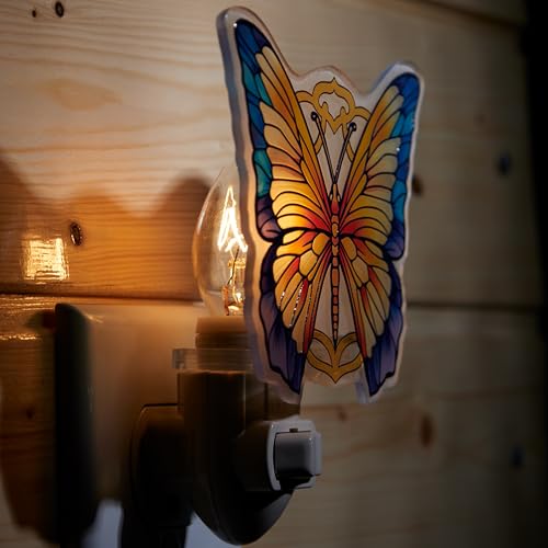 Image of Yellow Butterfly Night Light - Stained Glass Styled Plug-in Wall Light for Vertical Outlets - Real Glass, Warm Glow for Bedroom, Bathroom, Hallway - Gift for Butterfly Lovers