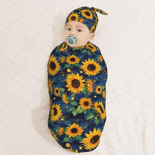 Image of Sunflowers Starry Night Newborn Swaddle Blankets Hat Sets Soft Baby Receiving Blanket Swaddle Sack for Baby Shower Infant Boy Girl Gift