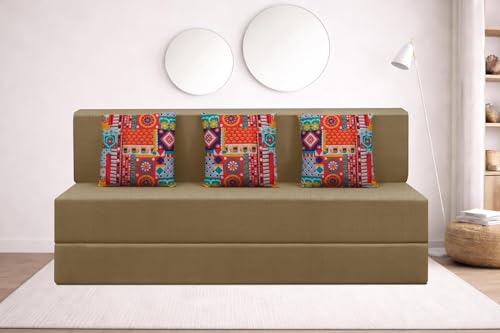 Image of Rosebell Three Seater Foldable Sofa Cum Bed (5x6 Feet) Jute Fabric, Washable Removable Cover Includes 3 Cushion | Space Saving Convertible Sofa Bed for Home, Office & Guests - Golden Color