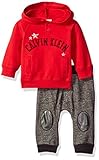 Calvin Klein Baby Solid Hooded Pullover with Patched Pants Set, Red, 12 Months