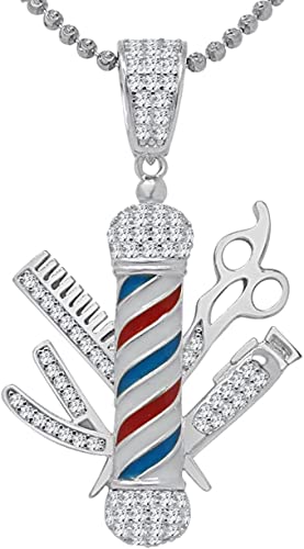 10K Gold Over Finish on Real Genuine Sterling Silver Lab Diamond Barber Shop Pole Pendant Charm + Chain