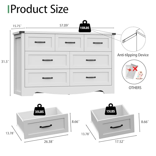 Image of Dresser for Bedroom with 7 Drawers, 58 inch Wide Wood Chest of Drawers with Deep Drawers & Mental Handle, Modern Dresser TV Stand, Wooden Closet Storage Organizer for Living Room, Hallway, Entryway, White